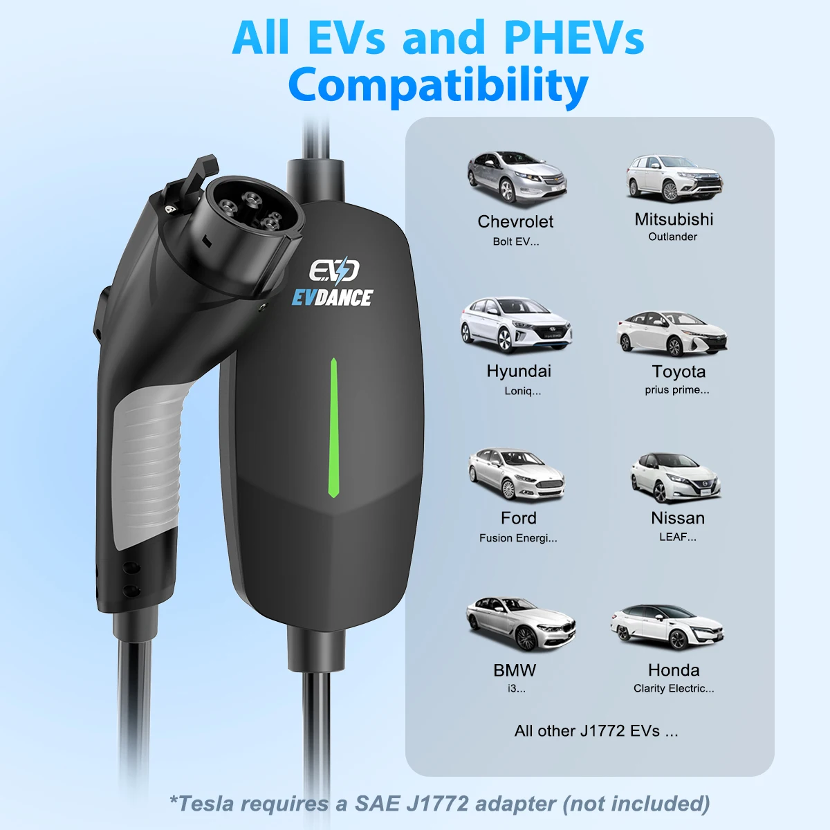 EVDANCE-cargador EV de nivel 1 y 2, cargador de coche SAE J1772 con Cable de 25 pies, 16A, 110V-240V, enchufe NEMA 6-20 y NEMA 5-15 para estación de carga