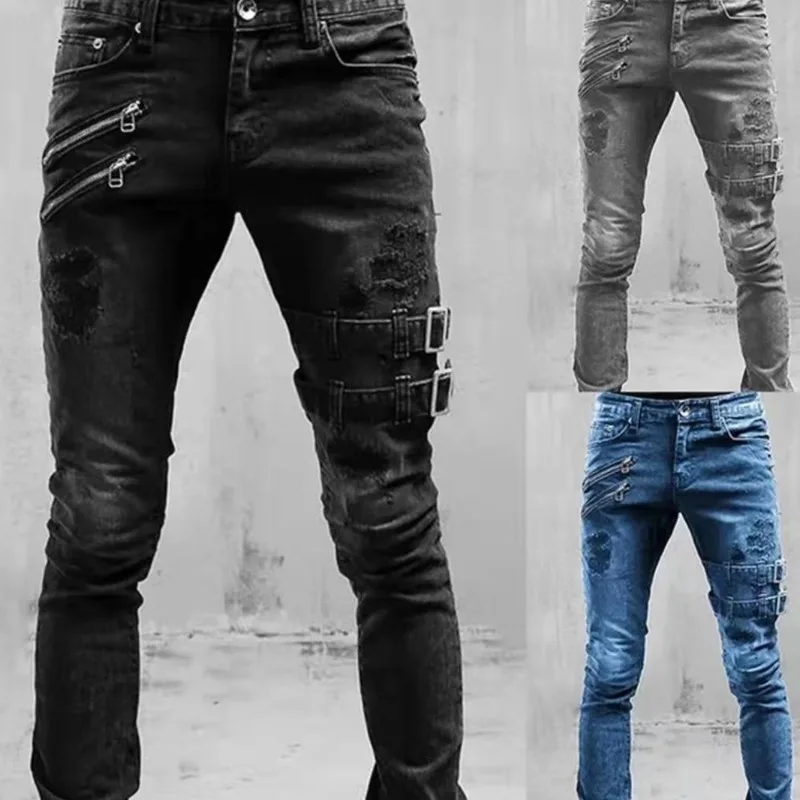 Celana Jeans panjang pria, desain kepribadian sepeda motor ketat kaki kecil musim semi dan musim gugur celana panjang baru