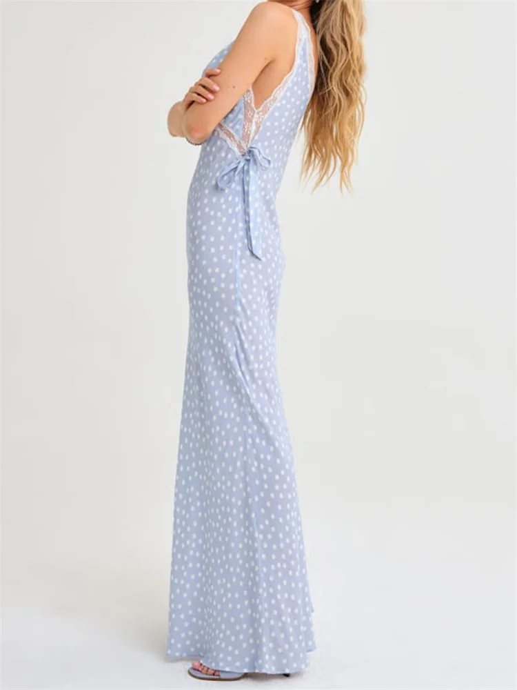 CHRONSTYLE Abito lungo maxi da donna in pizzo patchwork senza maniche con scollo a V e stampa a pois Abito da festa alla moda con allacciatura laterale Vestido femminile