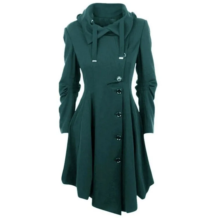 Hooded Loose Fit Coat Retro with Single Row Multi Button Closure Long Sleeve Regular Sleeve Medium Weight Autumn Women Coat