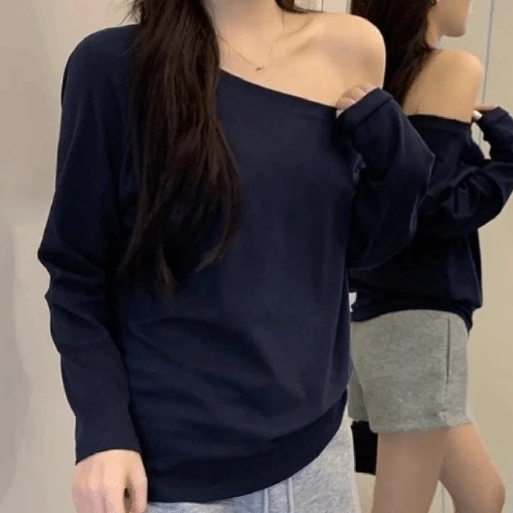 Lässiges Herbst-Winter-Oberteil mit einer Schulter, langen Ärmeln, einfarbig, schulterfreies T-Shirt, Oversize-Basis-T-Shirt für Jugendliche – Detail 4