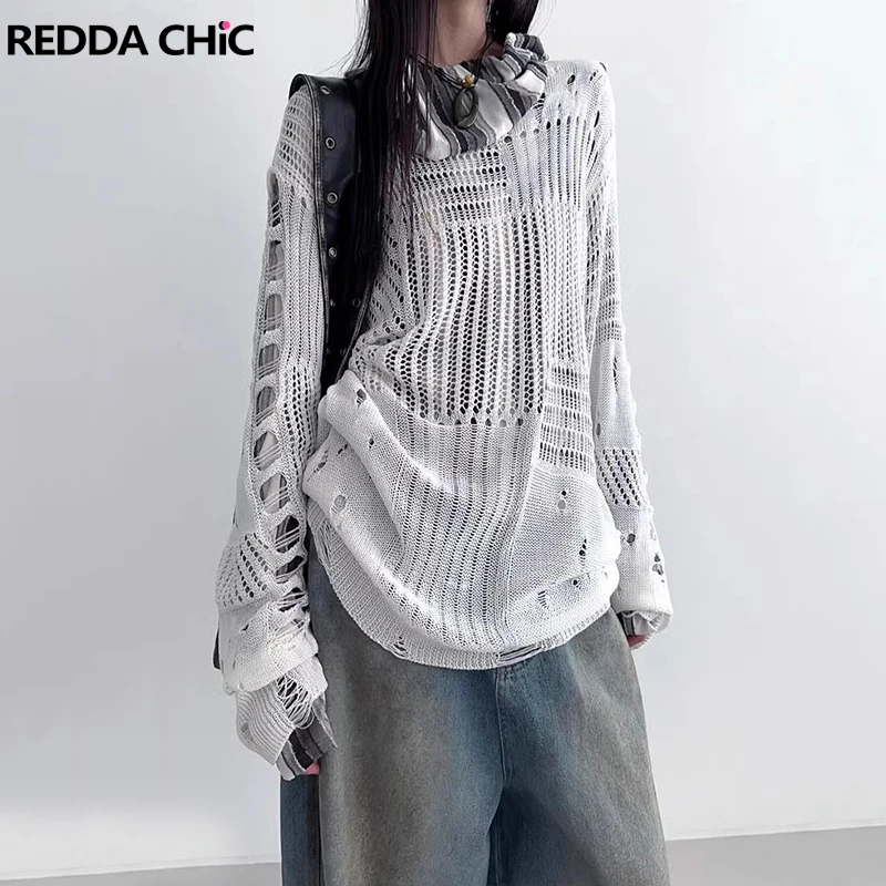 

REDDACHiC однотонный белый ажурный вязаный свитер женский свободный повседневный топ с длинными рукавами и разрушенными копчиками корейская летняя осенняя одежда