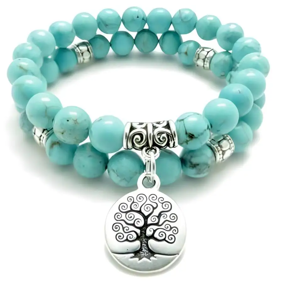 

2Pcs 8mm Natural Turquoise Tree of Life Pendant Mala Bracelet Meditation Bead Chaplet Spiritual Yoga Hand Stone Buddha Bohemian