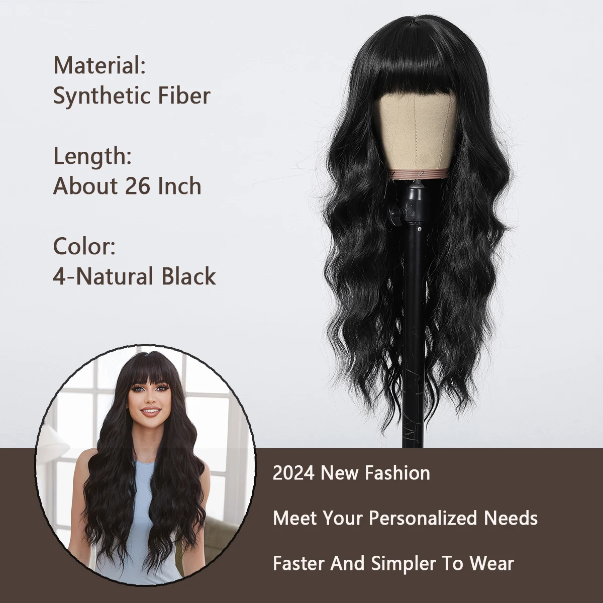 Black Wavy Synthetic Wigs for Women Long Natural Wave Wigs With Bangs Black Women‘s Wigs for Daily Use Party Heat Resistant