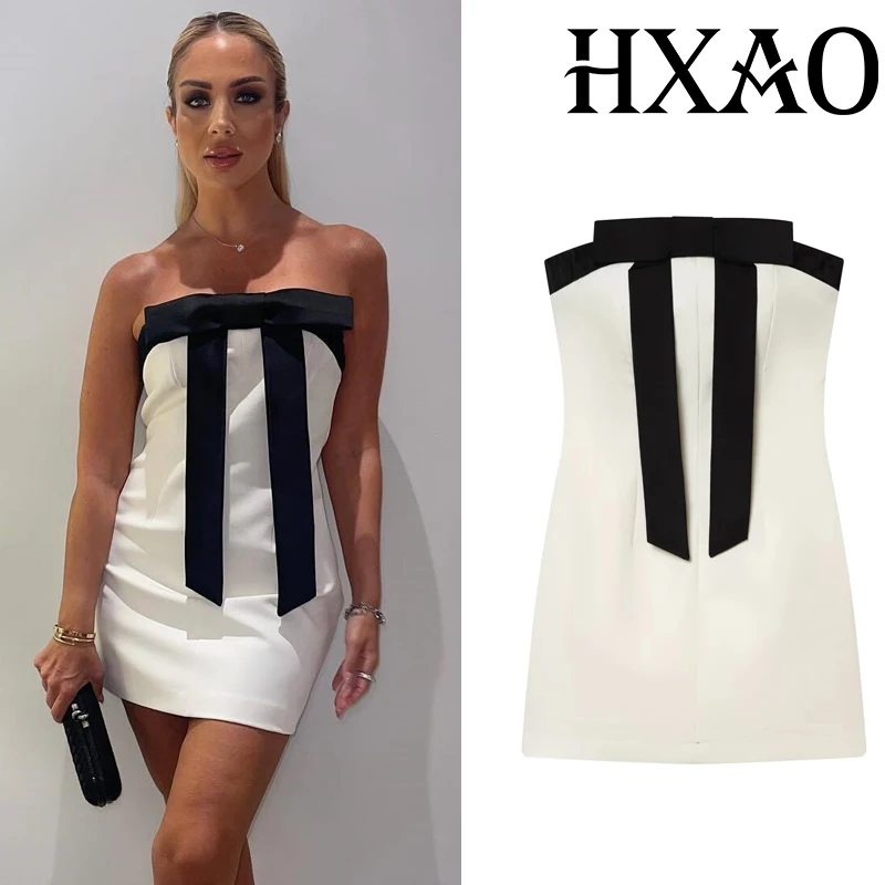 HXAO Strapless Black White Women's Dress Bow Corset Party Dresses Sexy Backless Elegant Evening Dresses Fitted Short Dresses