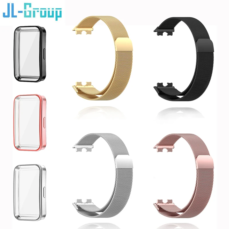 Metal Strap For Huawei Band 8 Bracelet With Protector Case Screen Soft TPU Replacement Milanese Magnetic Loop Huawei Watchband