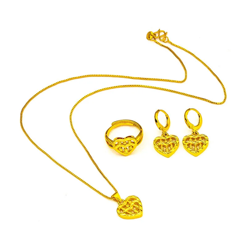 Love Abacus Ring Necklace Earring Set Women's 24K Gold, AU999 Glossy Gold Abacus Beads String into Love Outline