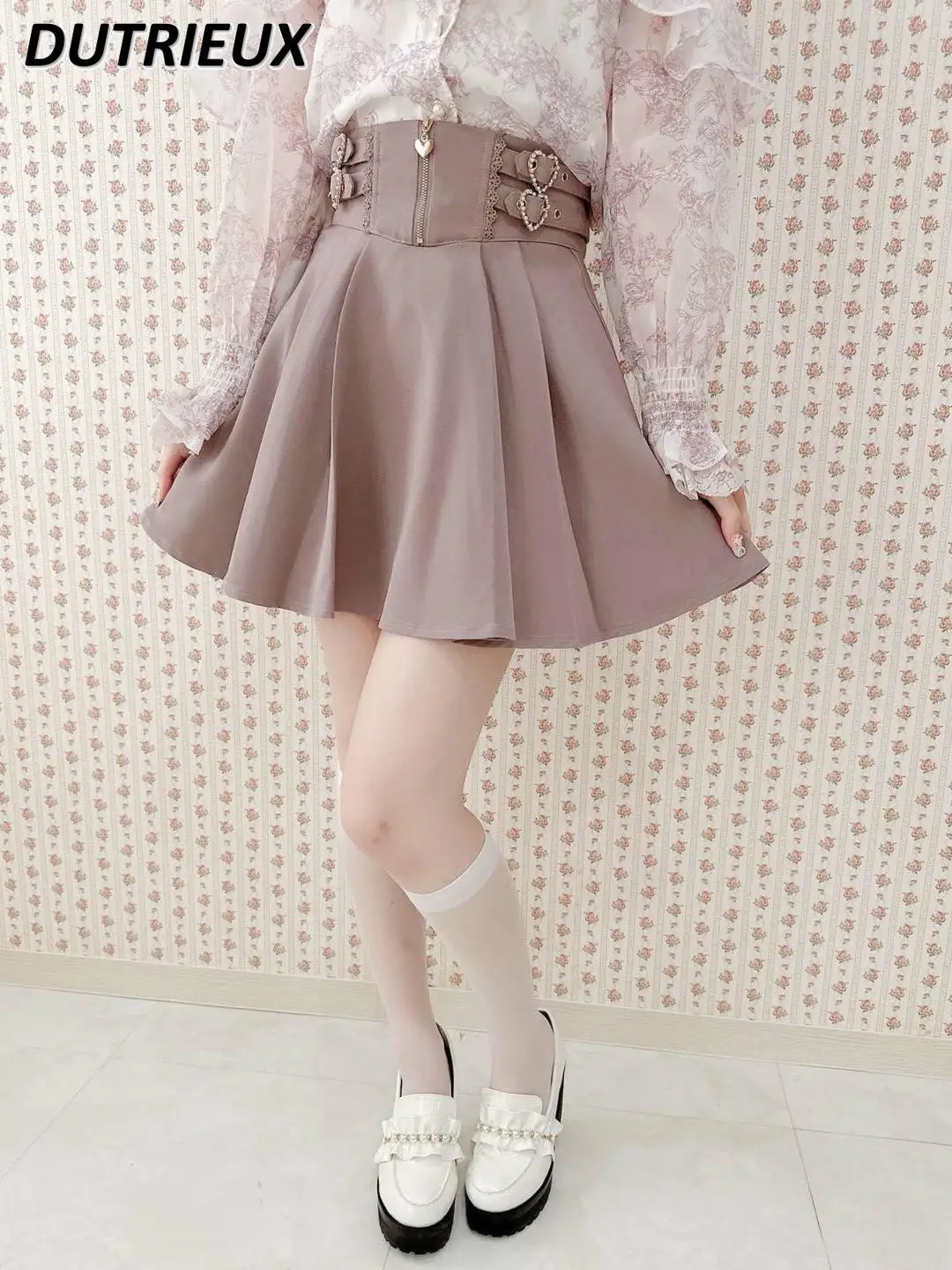 Japanese Style Mass-produced Side High Waist Buckle Mini Skirt Double-layer Ribbon Pleatedcasual Short Skirts for Women Summer