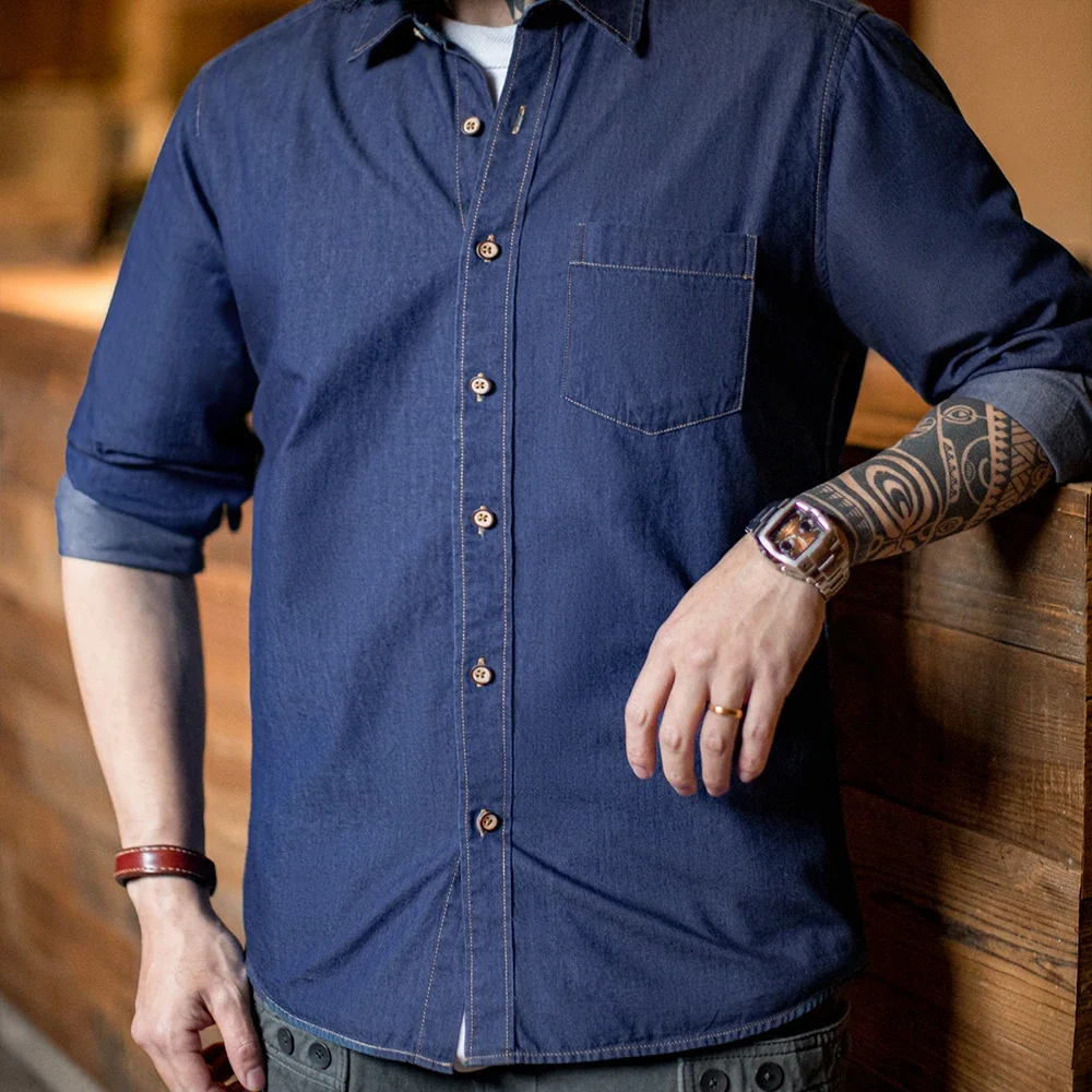Maden Vintage Long Sleeved Men Denim Shirt Single Pocket Workwear Slim Fit Casual Shirt Single Breasted Turn-Down Collar Blouse