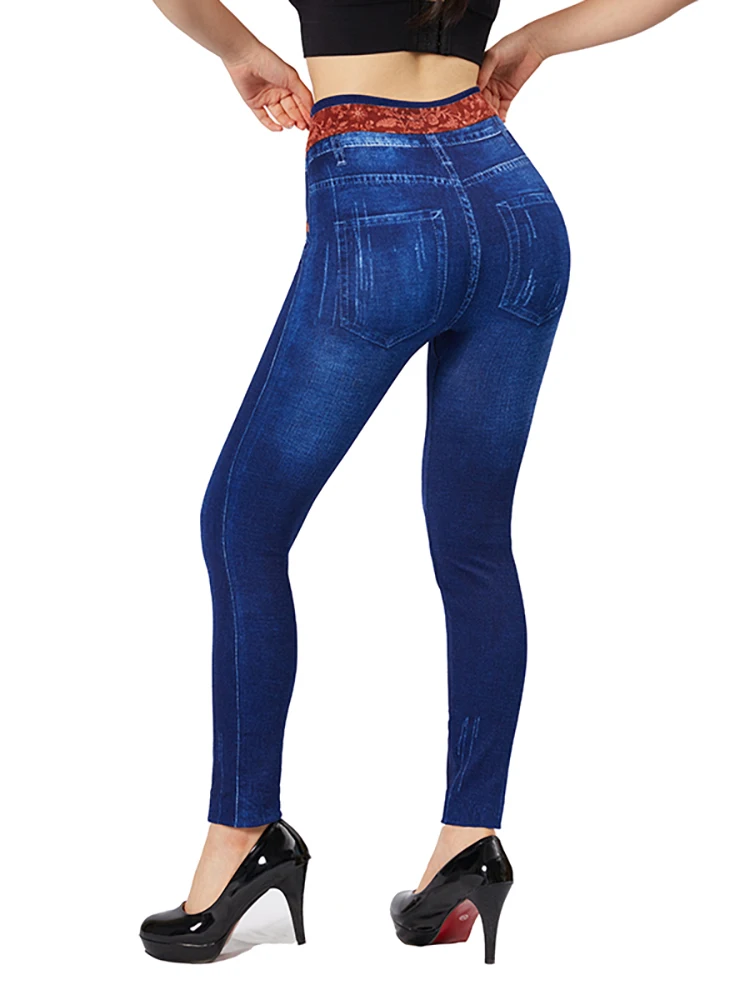 Czerwony pas kieszenie z nadrukiem sztuczna damska leginsy jeansowe Slim Fit elastyczne Faux Jeggings ciemnoniebieskie sztuczne spodnie jeansowe ołówkowe