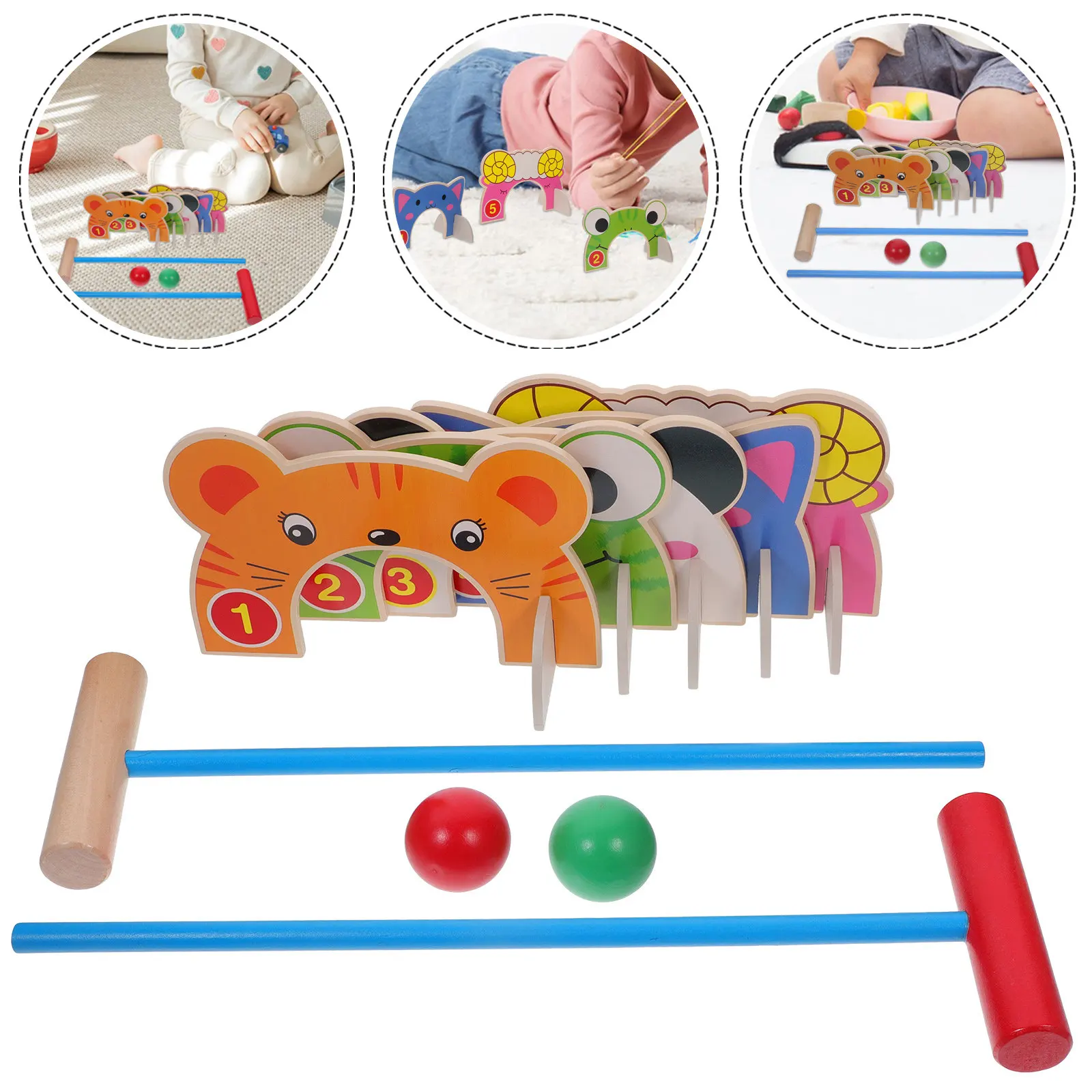 

1Set Kids Croquet Set Cartoon Animal Shape Educational Wood Ball Hammer Children Hand Eye Coordination Parent Child Game