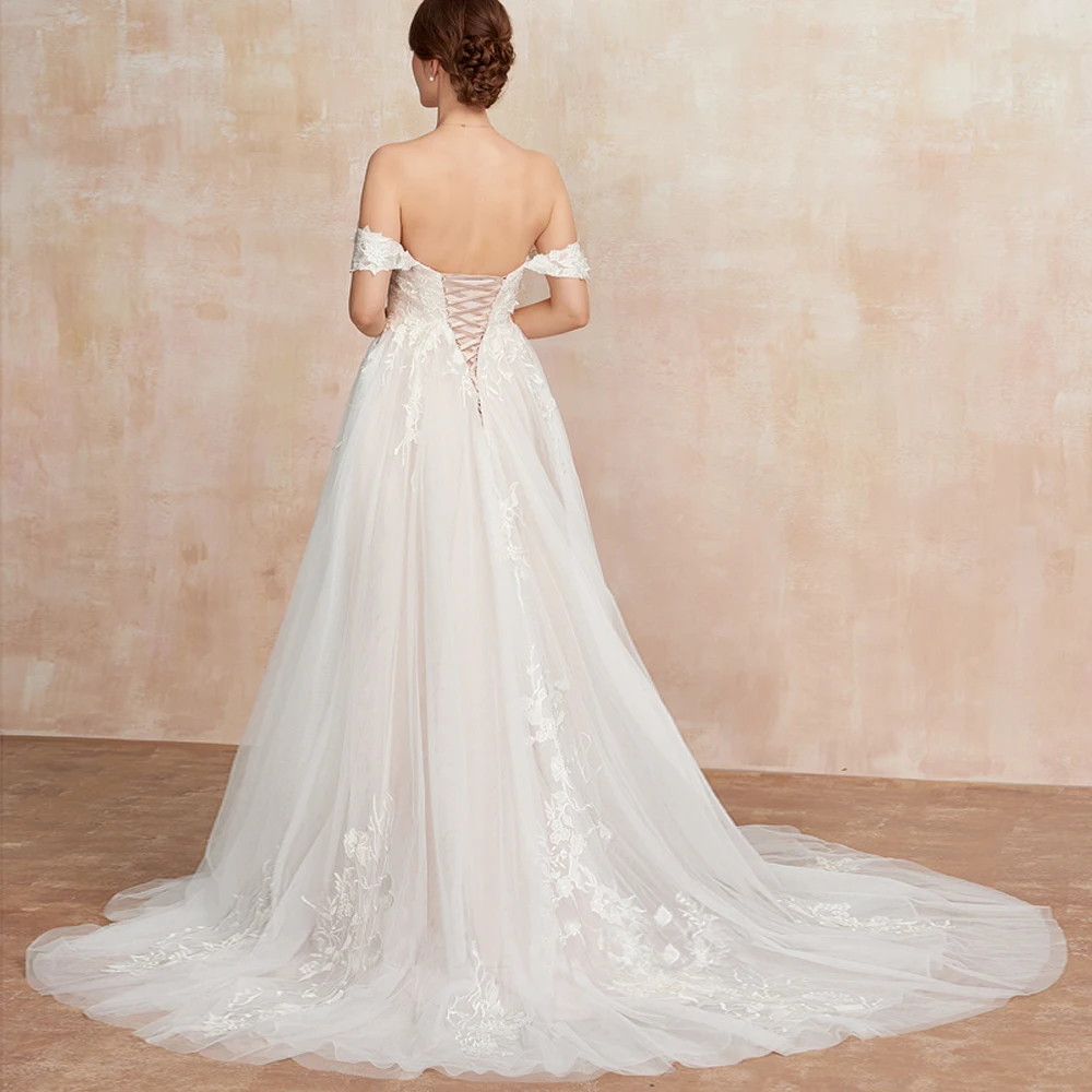 Vestidos de novia personalizados con mangas y hombros descubiertos, línea A, escote en forma de corazón, apliques con cordones, sin espalda, cola de barrido, Vestido de novia