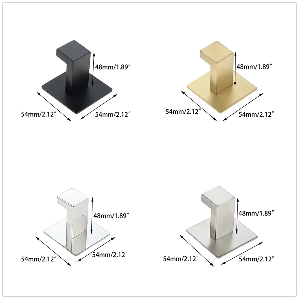2pcs Stainless Steel Square Hook No-screw No-drill Easy Install Self-adhesive Bathroom Kitchen 54mm/2.12Inch Black Golden Silver