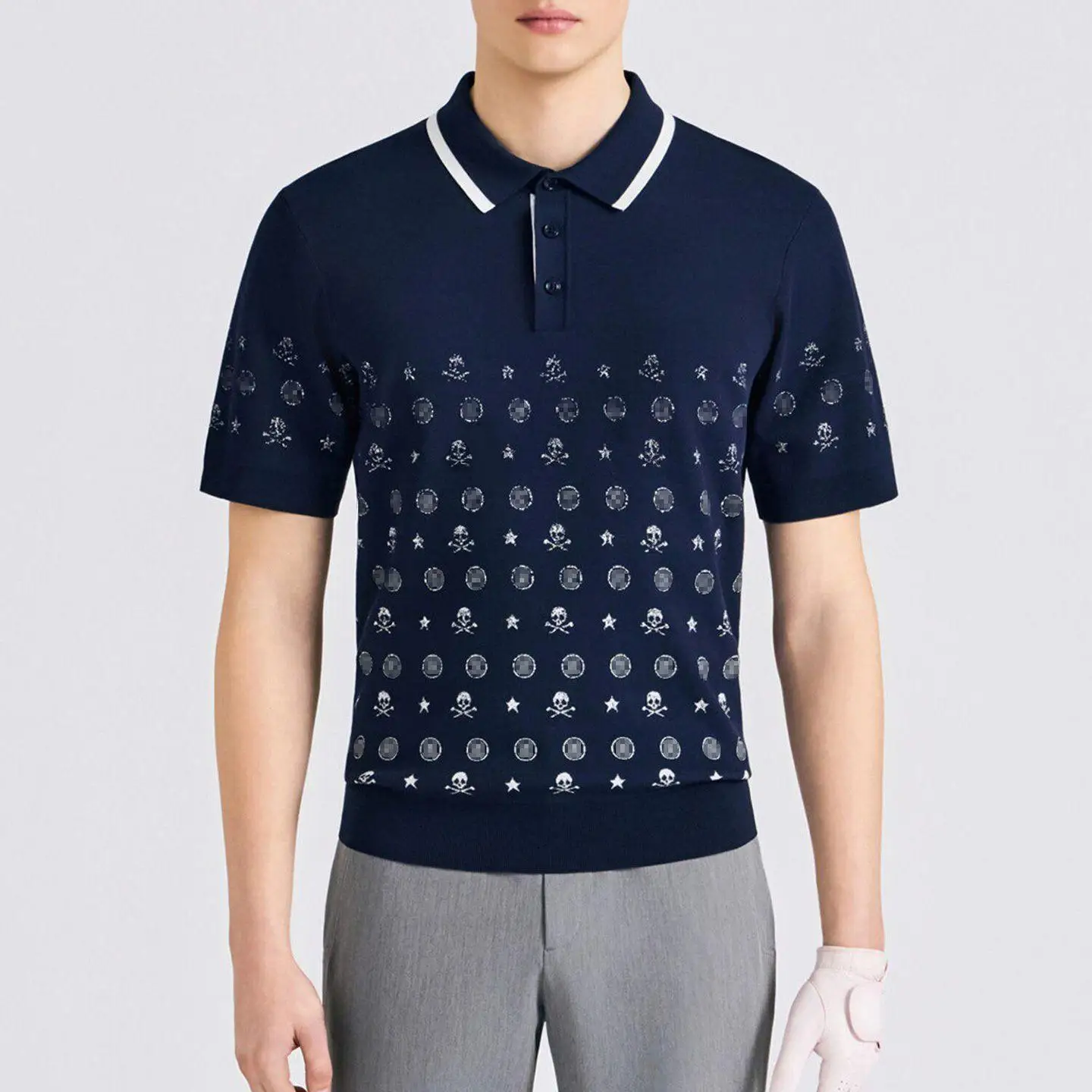 Men Golf Jacquard Knit Polo Shirt Short Sleeve Breathable Stretch Comfortable Versatile Outdoor Sports Golf T-shirt