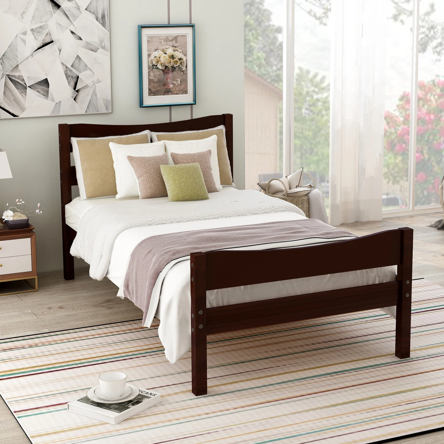 

Twin Size Wood Platform Bed with Headboard - Espresso Wood Slat Support