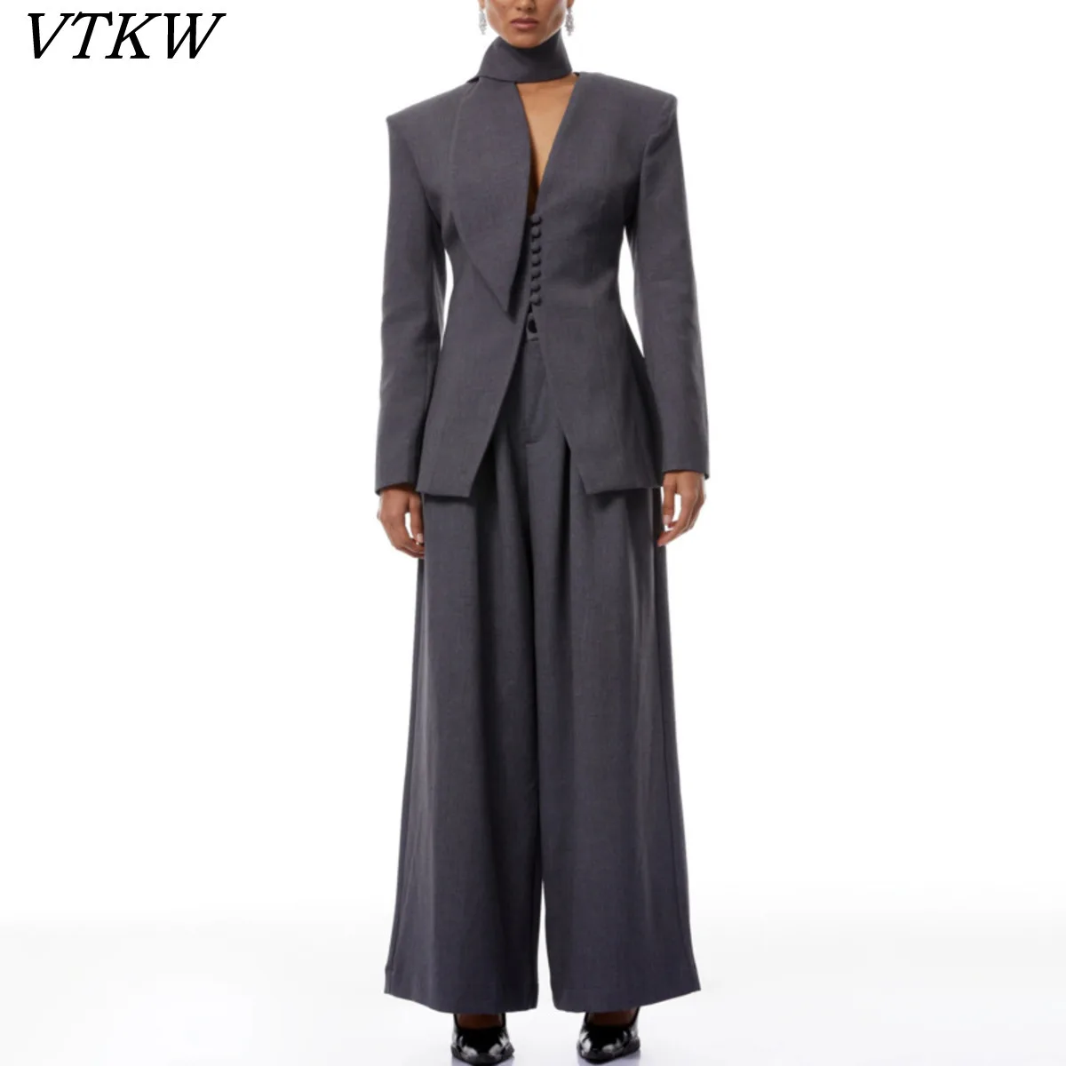 

VTKW 2026 New Women Two Piece Suit Halter Neck Blazer Fitted Waist Peplum Hem High Waist Wide Leg Trousers Office Outfit