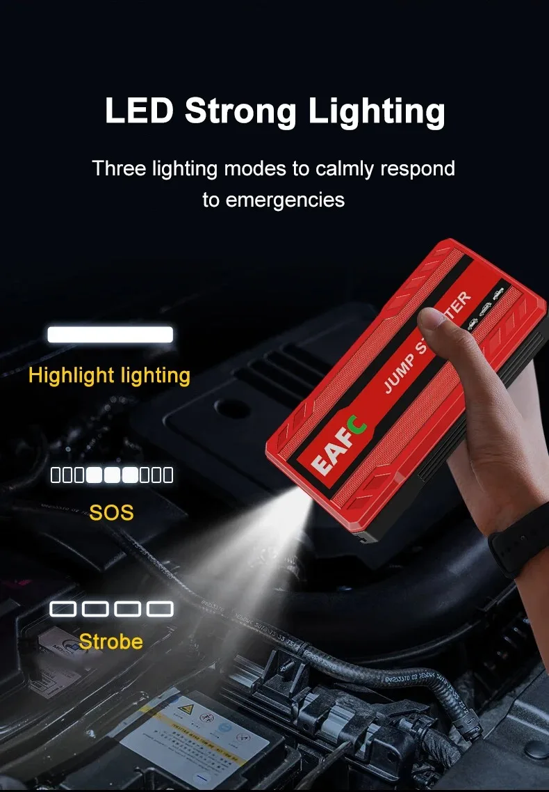 EAFC 600A Peak Car Jump Starter Power Bank, tragbarer 12-V-Batterieladegerät-Booster mit USB-Anschluss und SOS-LED-Licht – Detail 12