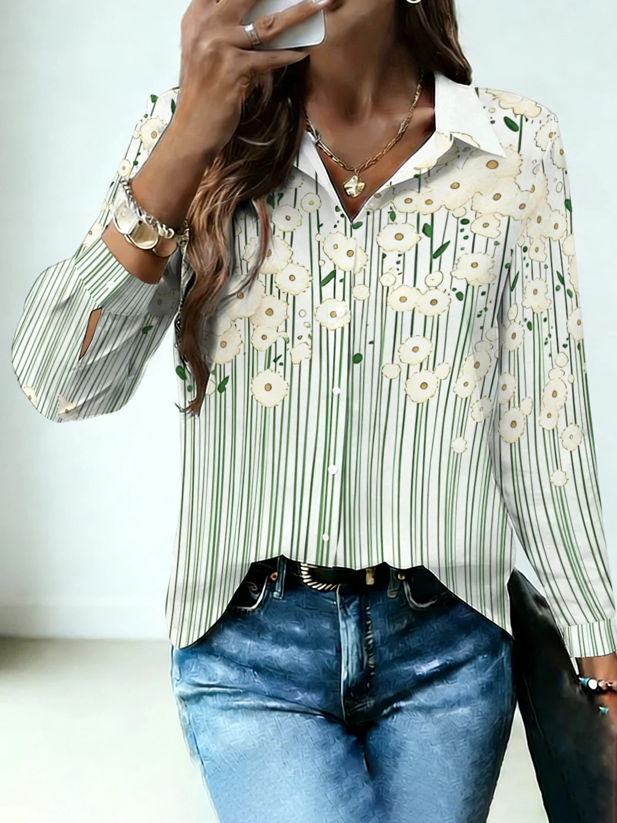 Soft Minimal Linear Flower Womens Collared Shirt White Base Green Vertical Stripe Daisy Allover Print Long Sleeve Gentle Dating