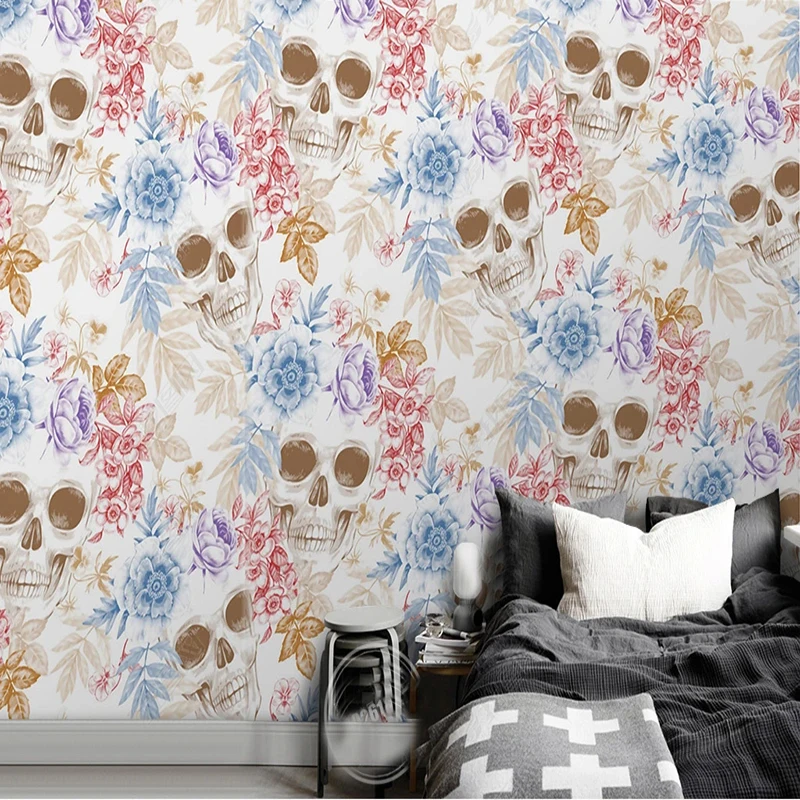 Custom Size Creative Personality Skull Flower Large Mural Wall Painting Bedroom Living Room TV Home Decor Wallpaper Papel Tapiz