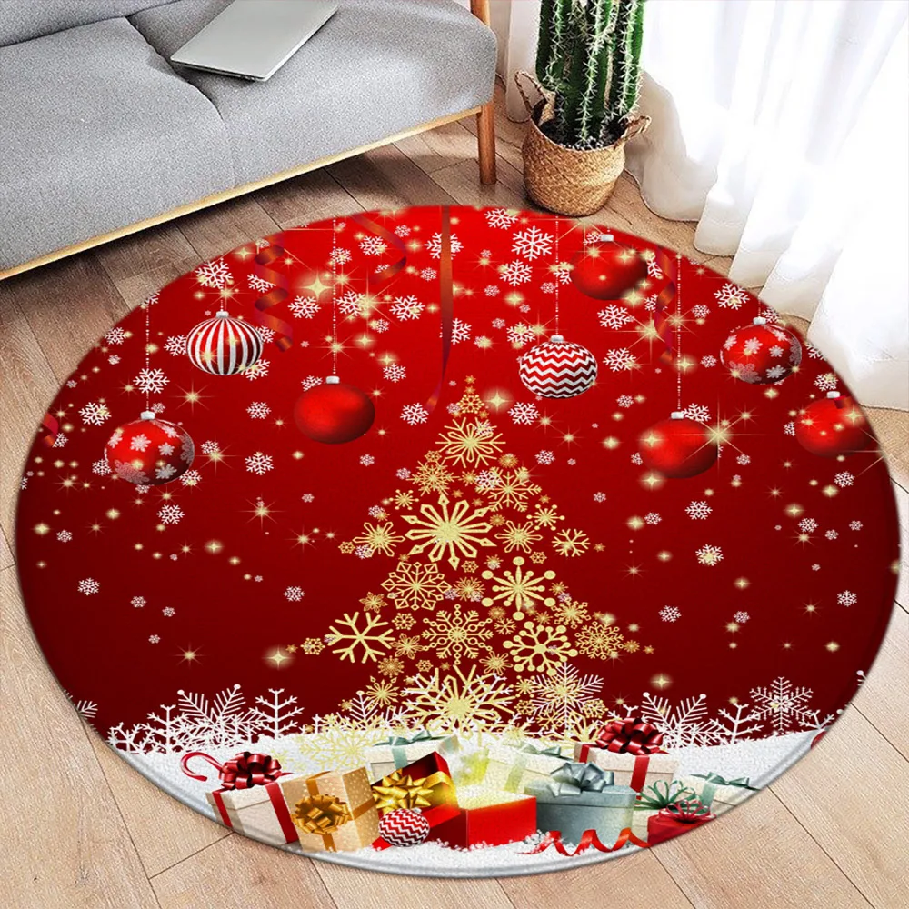 Snowman Round Rug Merry Christmas Happy New Year Santa Claus Cartoon Xmas Round Floor Mat Bedroom Living Room Flannel Area Rug