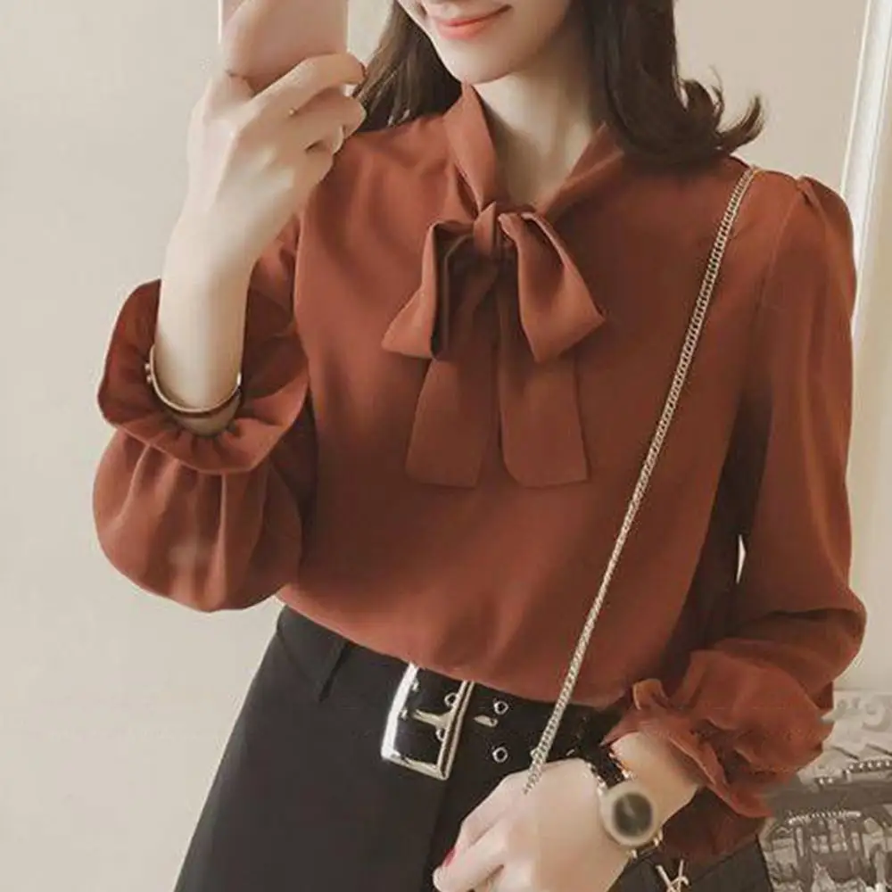 Women Chiffon Shirt Top Bowtie Princess Sleeve Fashion Blouse Solid Color Long Puff Sleeve Blouse Buttons Necktie Bowknot Shirt