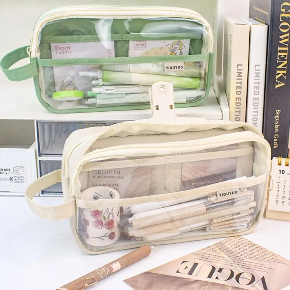 Cosmetics Bag 5 Grid Transparent Pencil Case Large Capacity Zipper Transparent Pen Bag INS Macaron Stationery Box Friend