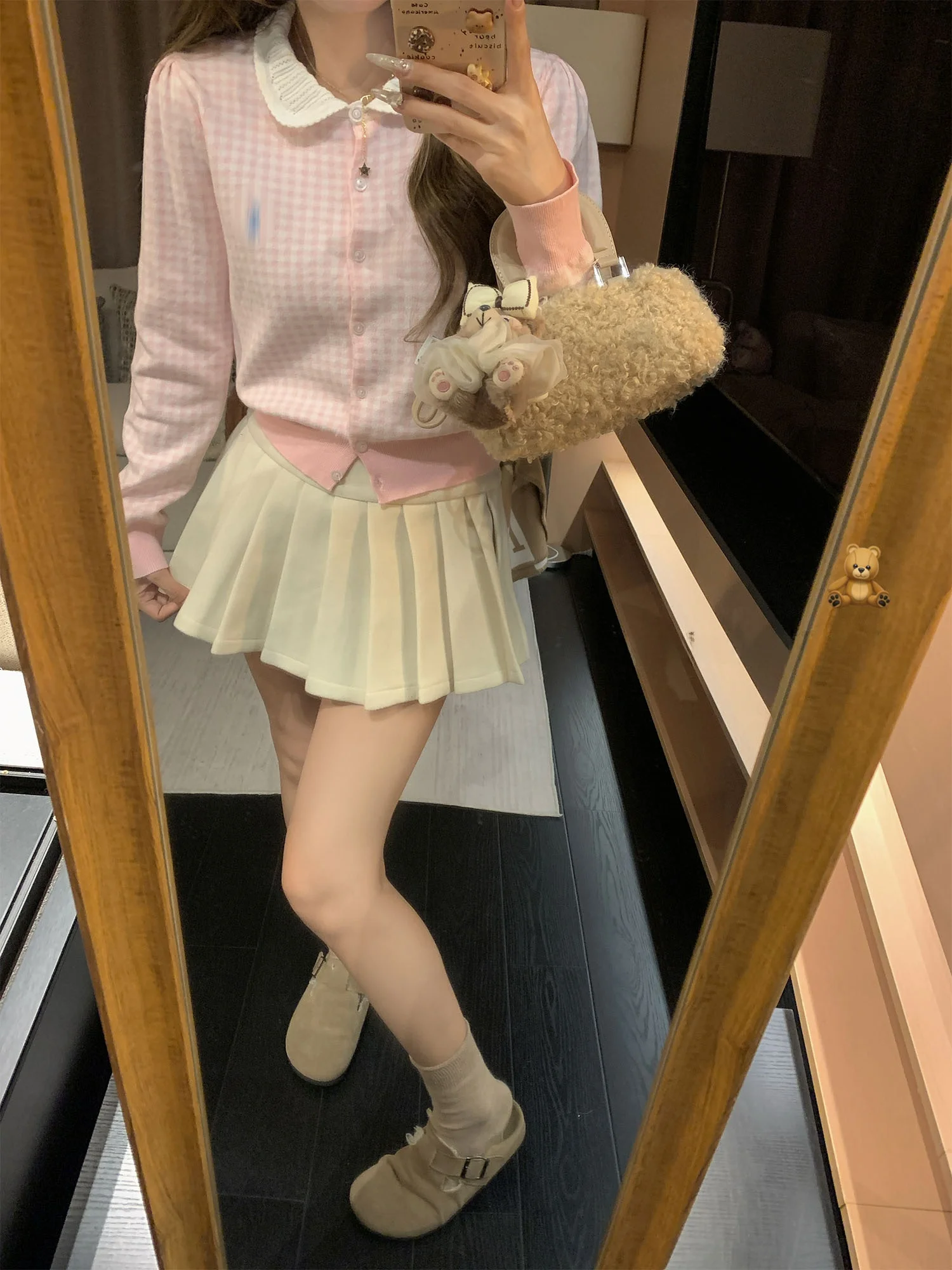 

Милый вязаный ор-свитер DDXZ, вечерний клетчатый свитер для девочек с вышивкой, кукольный воротник, длина до плеч, открытый кардиган для женщин