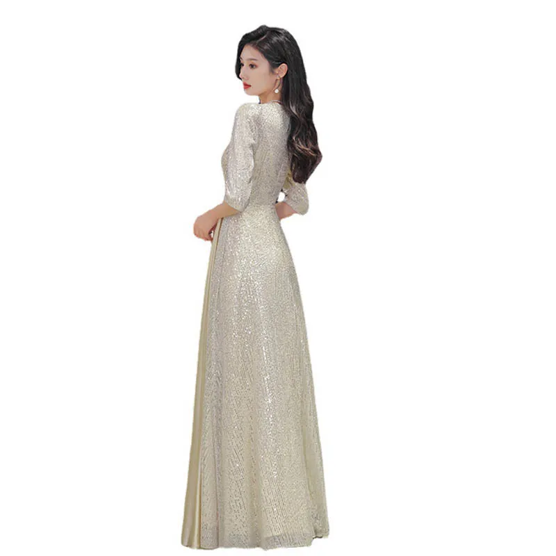여성용 샴페인 이브닝 원피스, 연회, 품격 있는 레이디, 연회 주최자, 긴팔, 가을