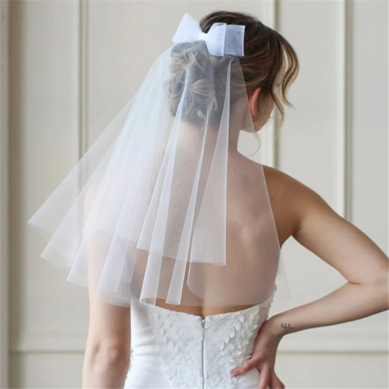 Short Bridal Veils With Comb Bows Two Layers Mini Wedding Accessories White Ivory Tulle Cute For Brides