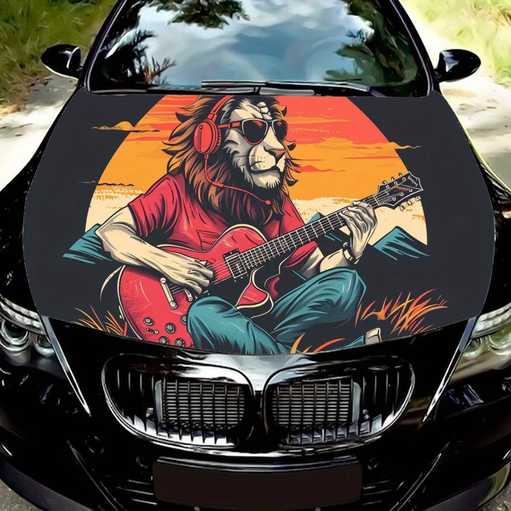 

Sunset Red Guitar Lion Print car hood stickers, waterproof self-adhesive, scratch resistant, easy to stick, durable car PVC stic