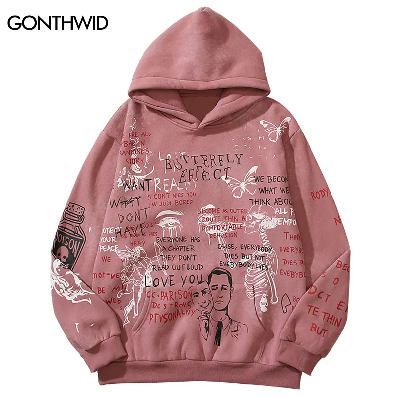 Hip Hop Pink Fleece Hoodie Streetwear Skull Graffiti Letter Graphic Print Punk Goth Hooded Sweatshirt 2023 Men Harajuku Pullover