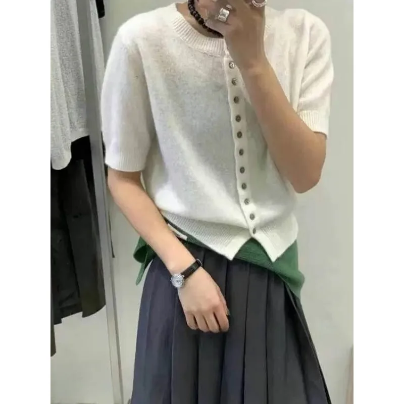 

Elegant temperament! 100 pure cashmere knit short sleeve cardigan top women's round neck lean wool T-shirt short half sleeve