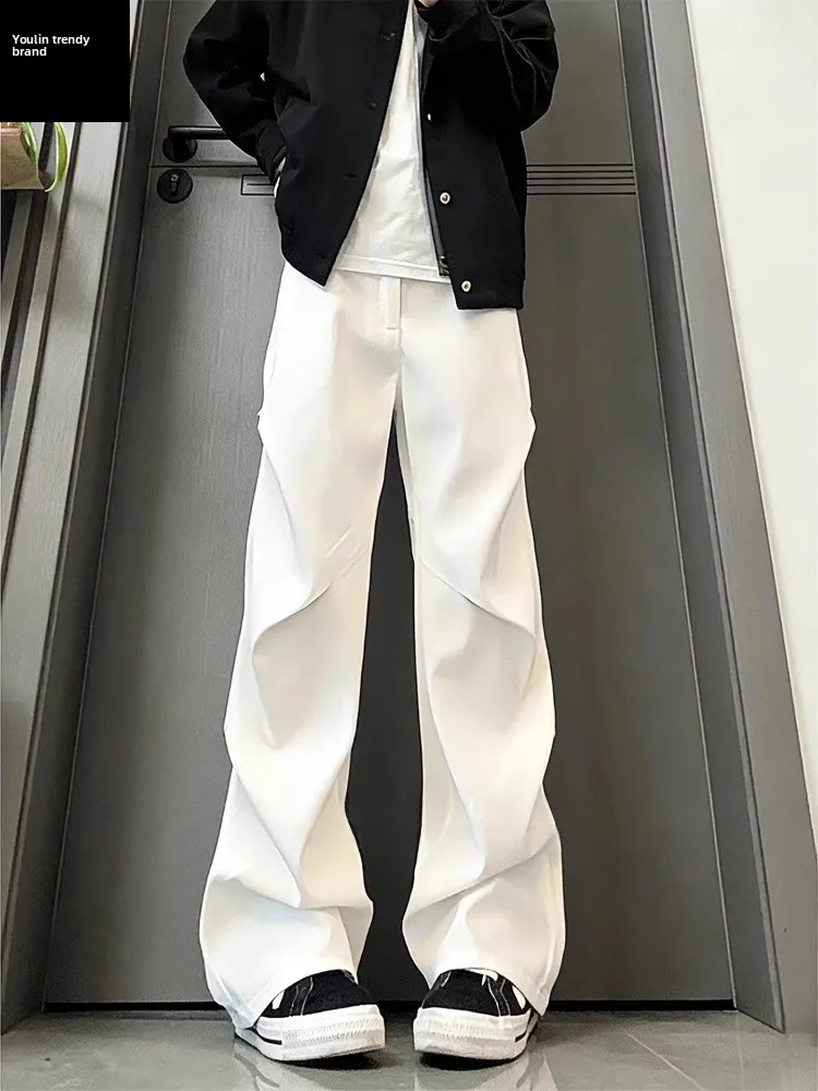 

White Pleated Micro Flared Casual Pants Men's American Sle Cleanfit Straight Leg Wide Leg Long Trousers Spring Season