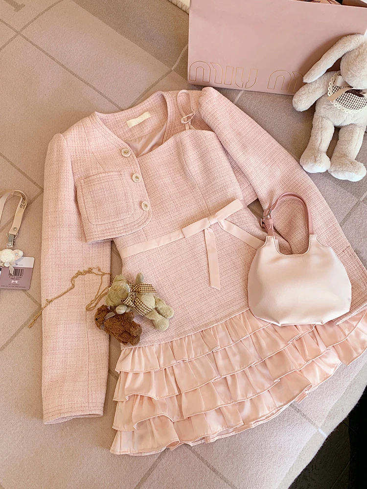 Autumn Sweet Pink 2 Piece Set Women Elegant Long Sleeve Short Cardigan Coat + Korean Slim Patchwork Bow Mini Strap Dress Chic