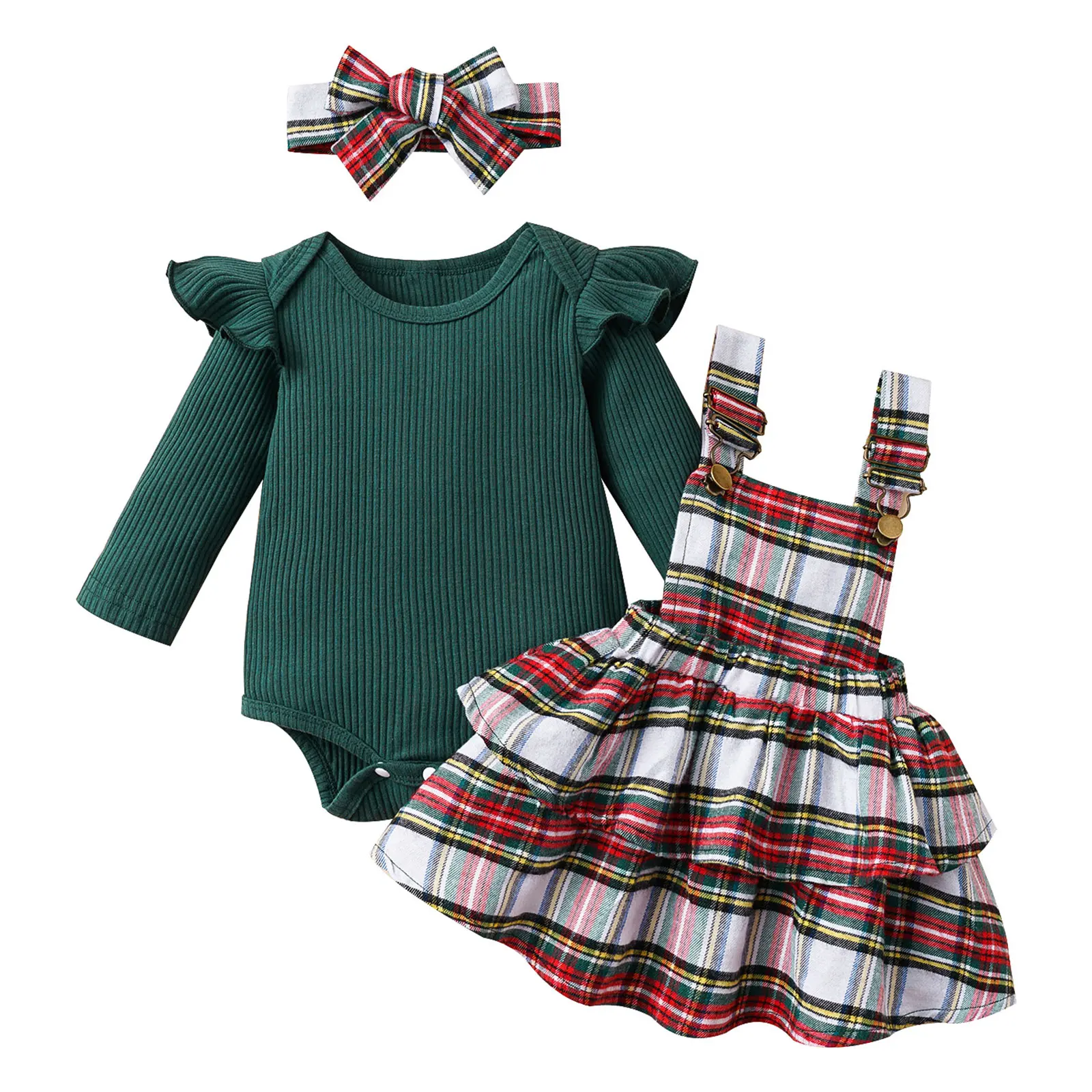 Baby Girls Christmas Outfits Long Sleeve Ribbed Knit Romper with Plaid Suspender Skirt And Headband Set Xmas Party Fall Clothes