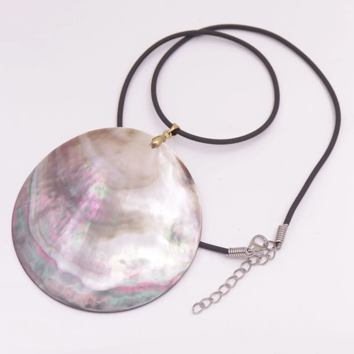 Round Disk Natural Shell Mother of Pearl Black Cord Pendant Necklace 18"