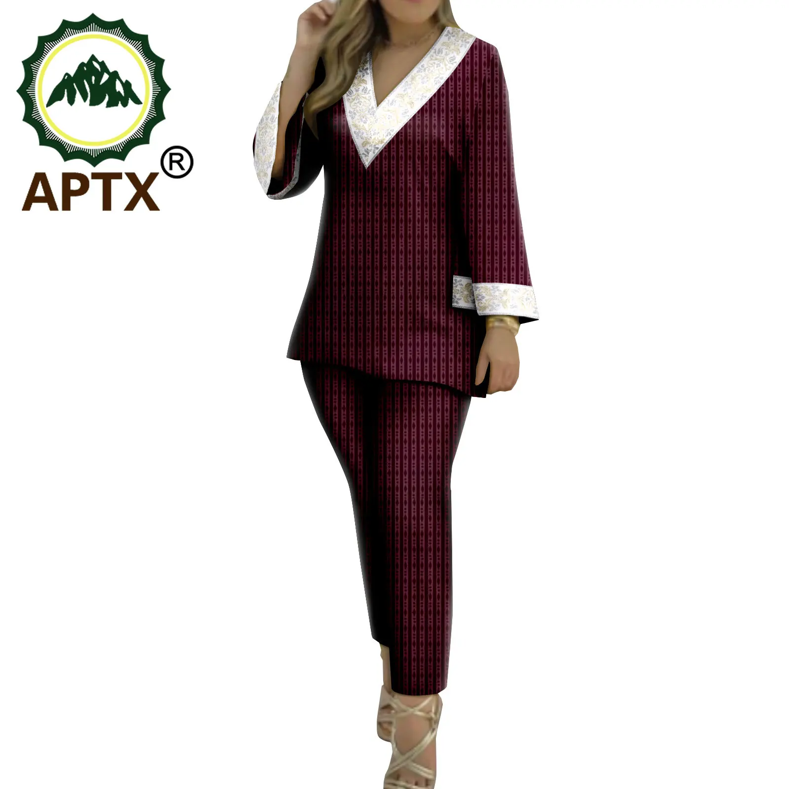 APTX African Women Clothing 2 Pieces Pants Set V-Neck Appliques Top+Ankle Length Pants Casual Style A2226023