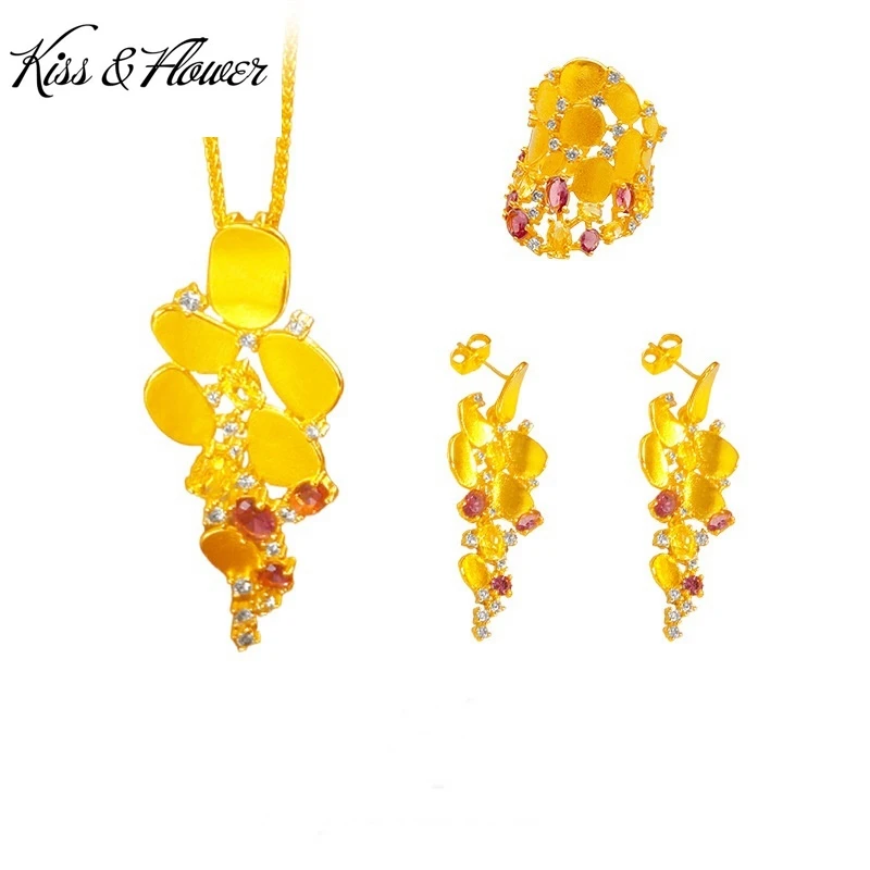 

KISS&FLOWER 24KT Gold Luxury Necklace+Earrings+Ring For Women Wedding Party Birthday Christmas Bride Mother Girl Lady Gift JS108