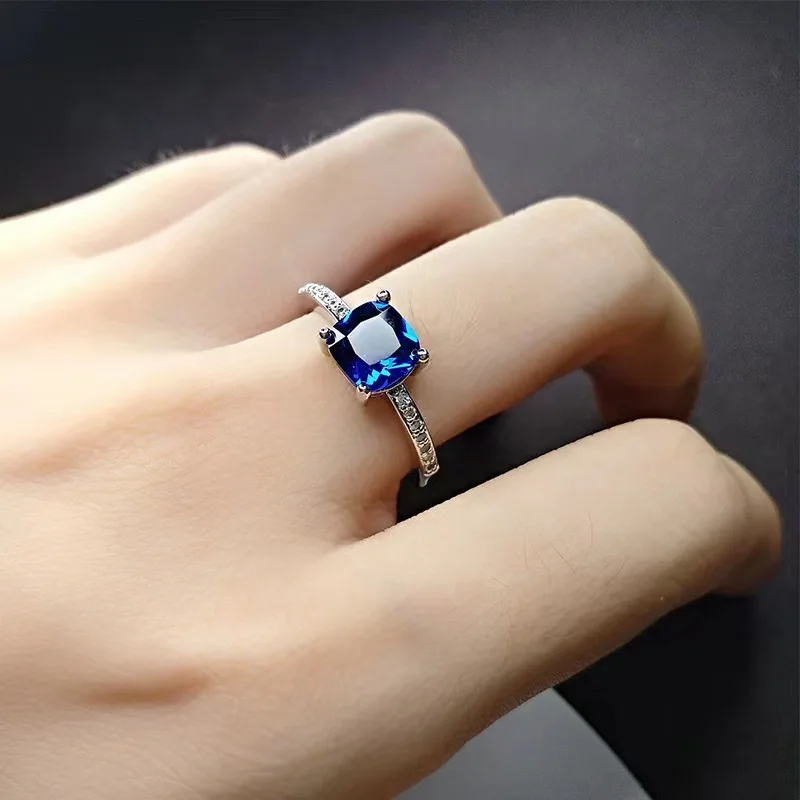 

Silver Plated Ring Jewelry High Carbon Ice Cut Zircon Ring Sapphire Square Fashion Ring for Women Gift