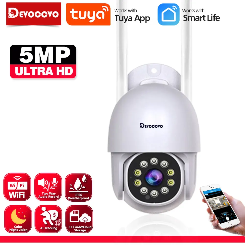 

PTZ IP Security Camera Outdoor Tuya Auto Tracking Smart Life 5MP P2P WiFi Security Camera Street Video Surveillance 2 Way Audio