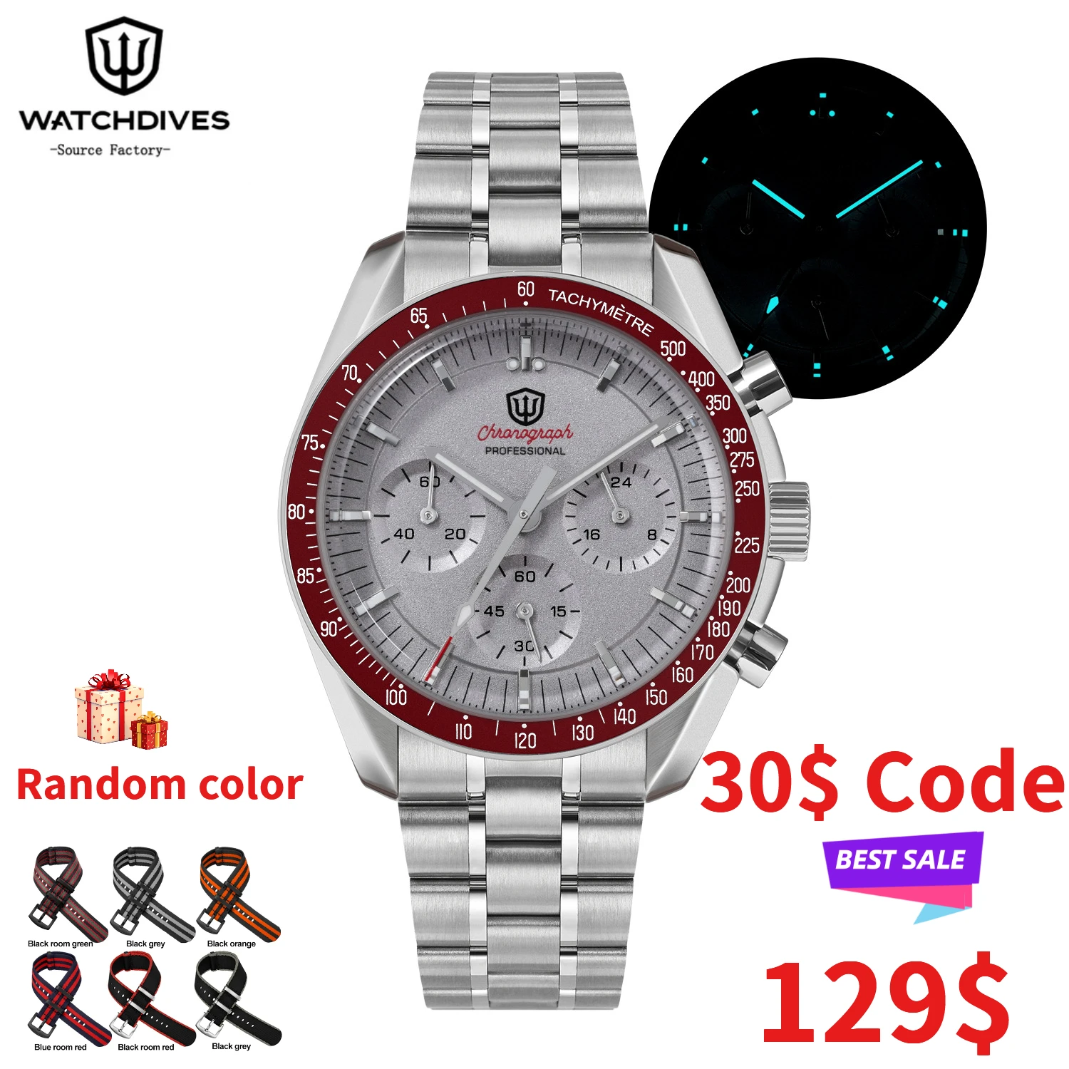 Watchdives WD1863 39mmMen's Watch VK63 Quartz Timing Movement Bubble Sapphire Crystal Night Light Retro Watch 10Bar Waterproof