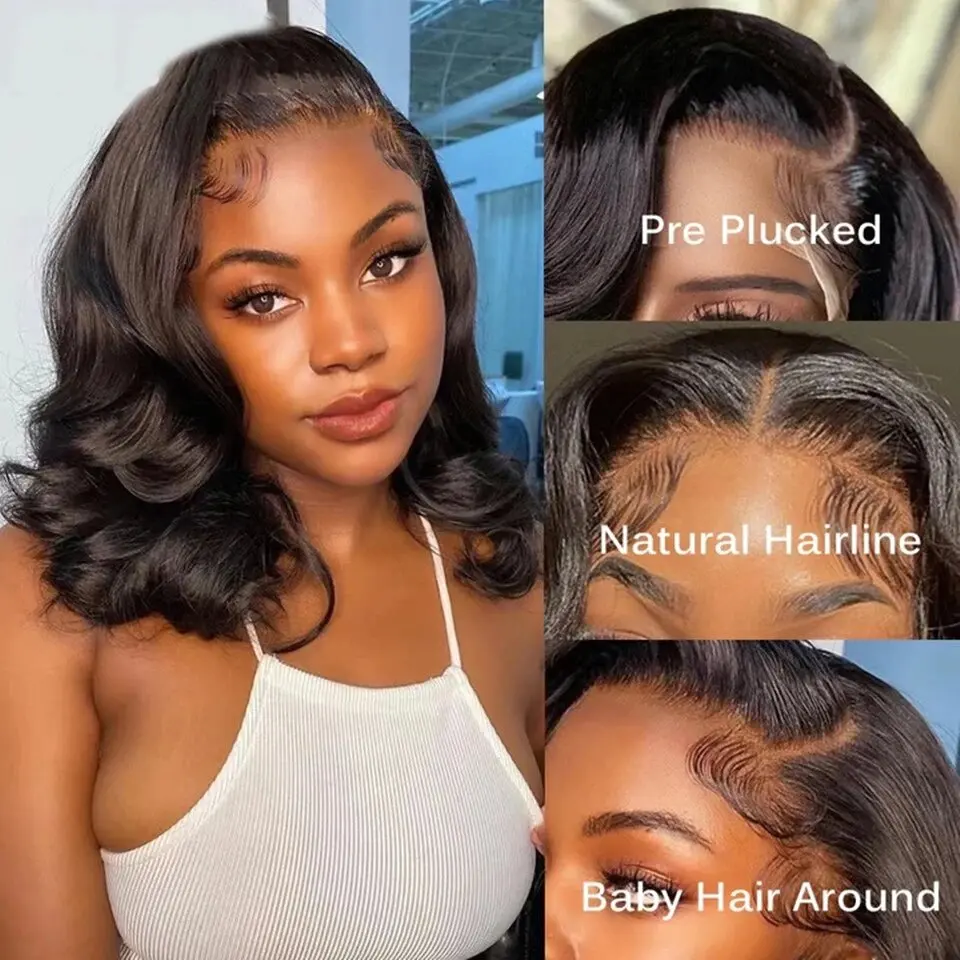 Perruque Bob Lace Front Wig naturelle, cheveux humains, Body Wave, 13x4, pre-plucked, pour femmes noires, liquidation