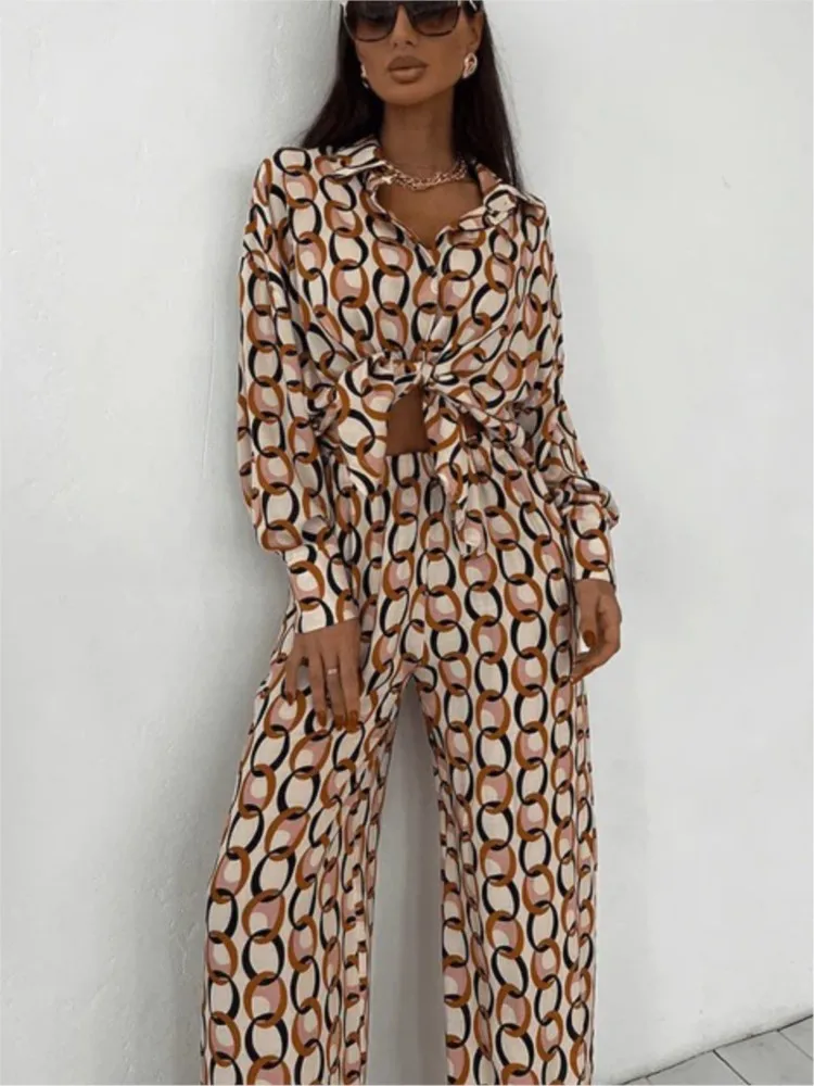 Fashion Print Shirt Pants Set Women Loose Button Shirt 2 Piece Set Suit 2024 Autumn New Female Casual Homewear Blouse Outfits