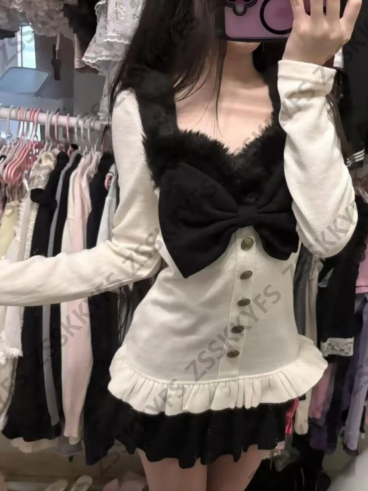 Robes Lolita douces en dentelle ajourée, ensemble 2 pièces Goth Vintage élégant Y2k années 2000, robe Punk pour filles, avec nœud Grunge Emo, mode