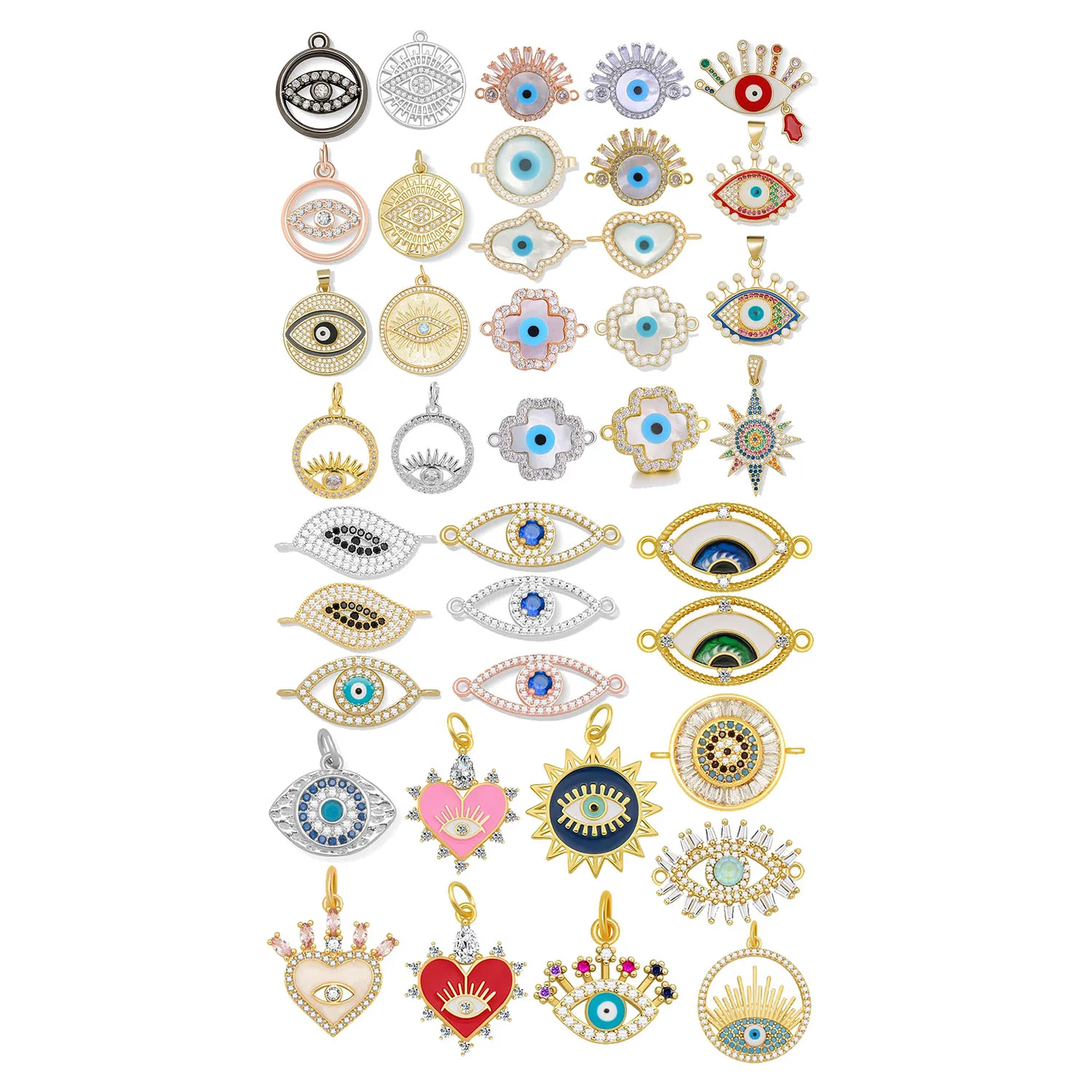 Shiny AAA Cubic Zirconia Evil Eye Lucky Charm Connector Gold-plated Rhodium Rose-plated Mini Brass Jewelry Findings For Bracelet