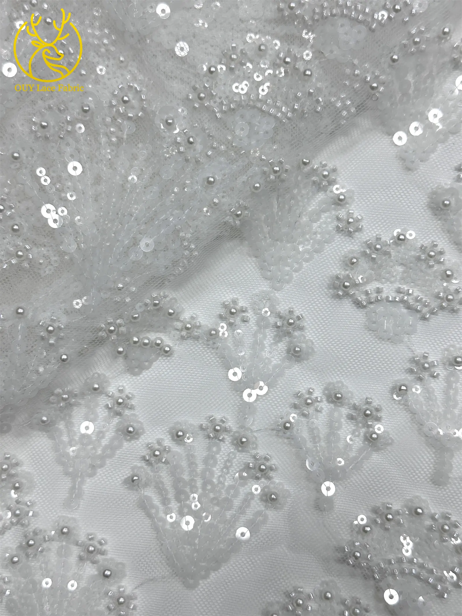 Luxuriöser französischer Perlen-Pailletten-Spitzenstoff 5 Yards Premium Hochzeitsstoff Nigerianischer Bräutigam Bestickter Tüll-Spitzenstoff für Brautkleider – Detail 10