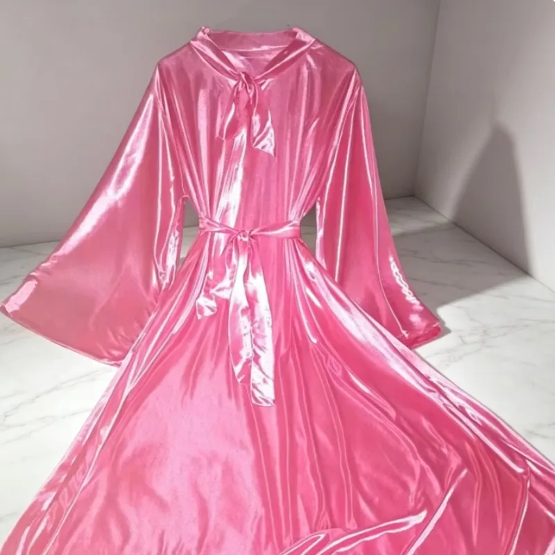 Women Fashion Elegant Silky Soft Dress Long Sleeve Loose Glossy Sexy Sleeping Robe Private Party Costume