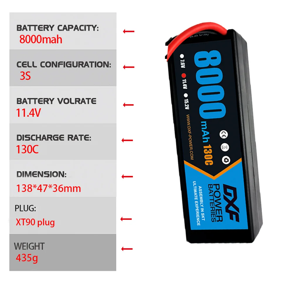 Dxf 3S Lipo Batterij 5200Mah 6200Mah 80c 7200Mah 8000Mah 9200Mah 130c Ec5 Xt90 Plug Hardcase Voor Rc Auto Buggy Boot Truggy Racen