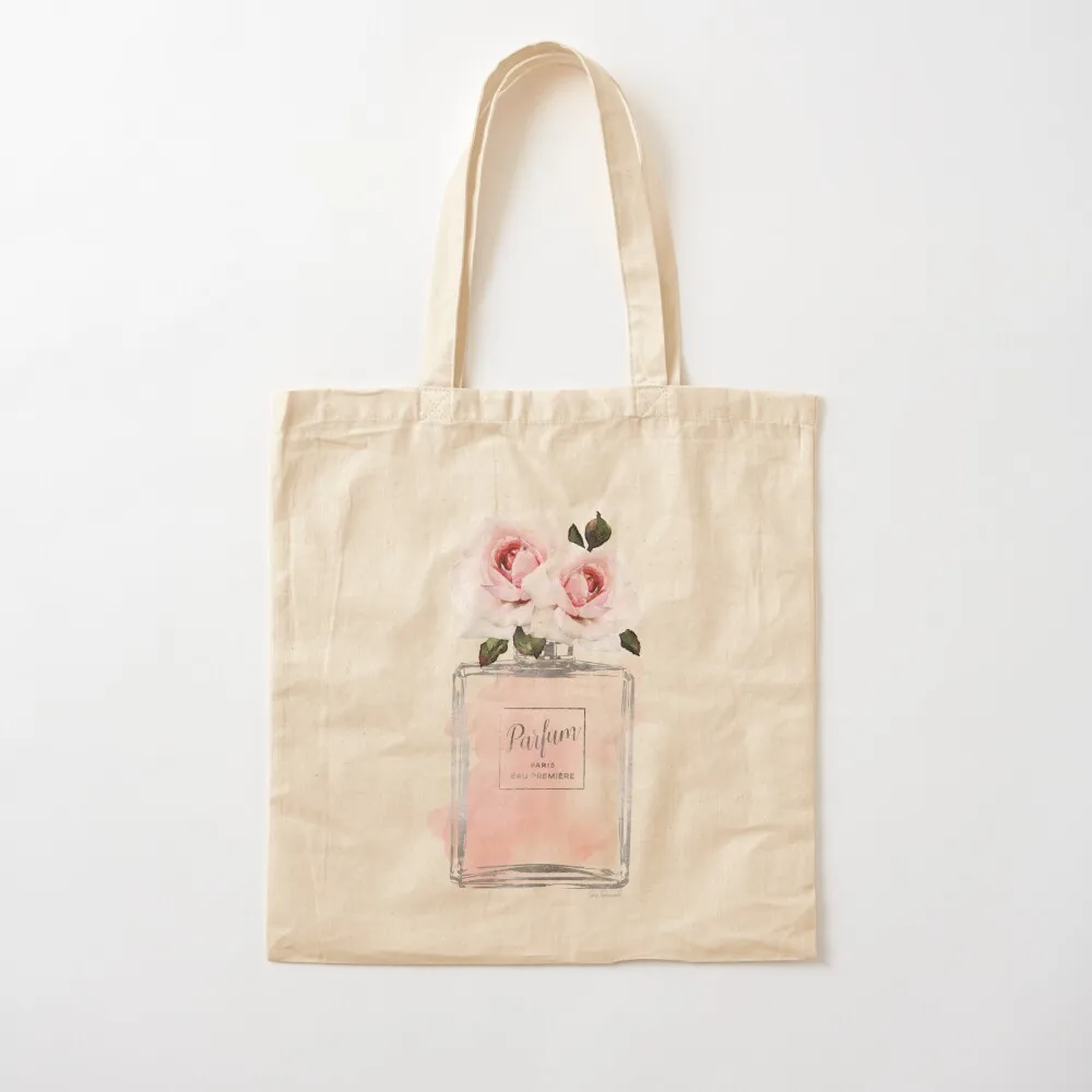 Perfume bottle with pink roses, watercolor Pink and Silver Tote Bag tote bags aesthetic Women's tote bag Canvas Bag