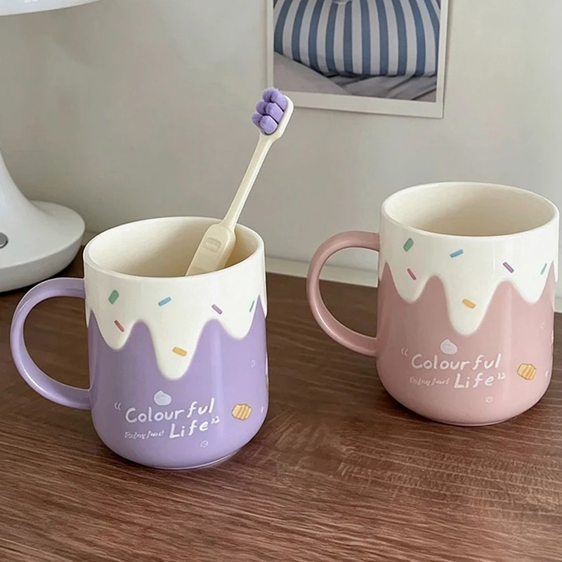 Cute Dripping Ice Cream Plastic Toothbrush Mug 2pcs with Handle Colourful Life Letter Mouthwash Cup Household Bathroom Wash Cup